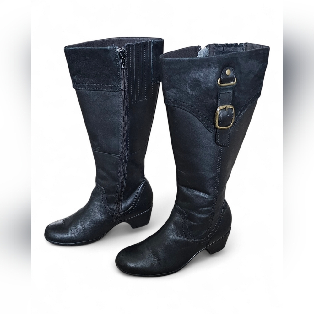 Clarks Women’s Black Leather Knee-High Boots with Buckle Size 6M - Picture 3 of 8